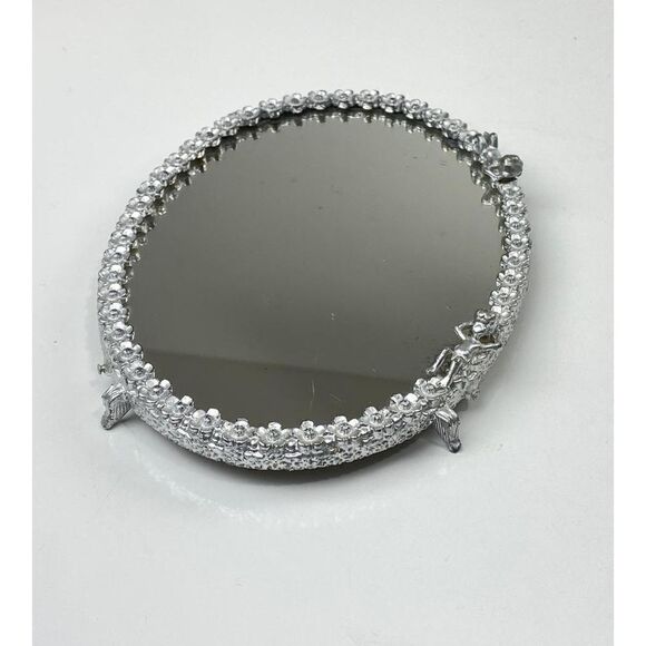 Vtg Sam Fink Vanity Tray Mirror Silver Tone Oval Cherubs Flowers Harp Feet CO126 - Picture 4 of 10